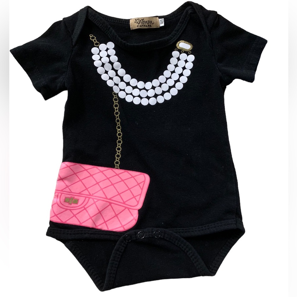 Catpapa Bodysuit Purse Pearls Printed Graphic 80CM (18-24 Months) Black Pink